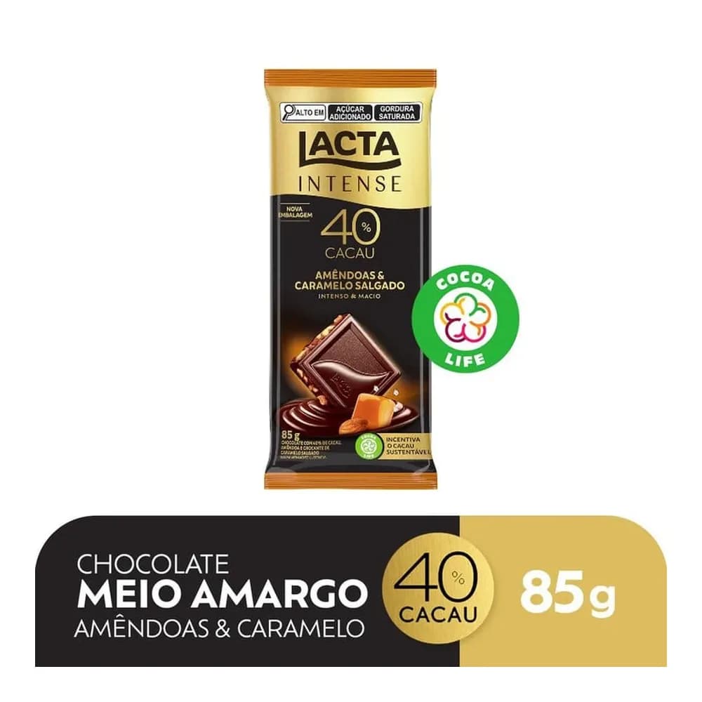 Chocolate intense meio amargo 40% amendoas e caramelo lacta 85g