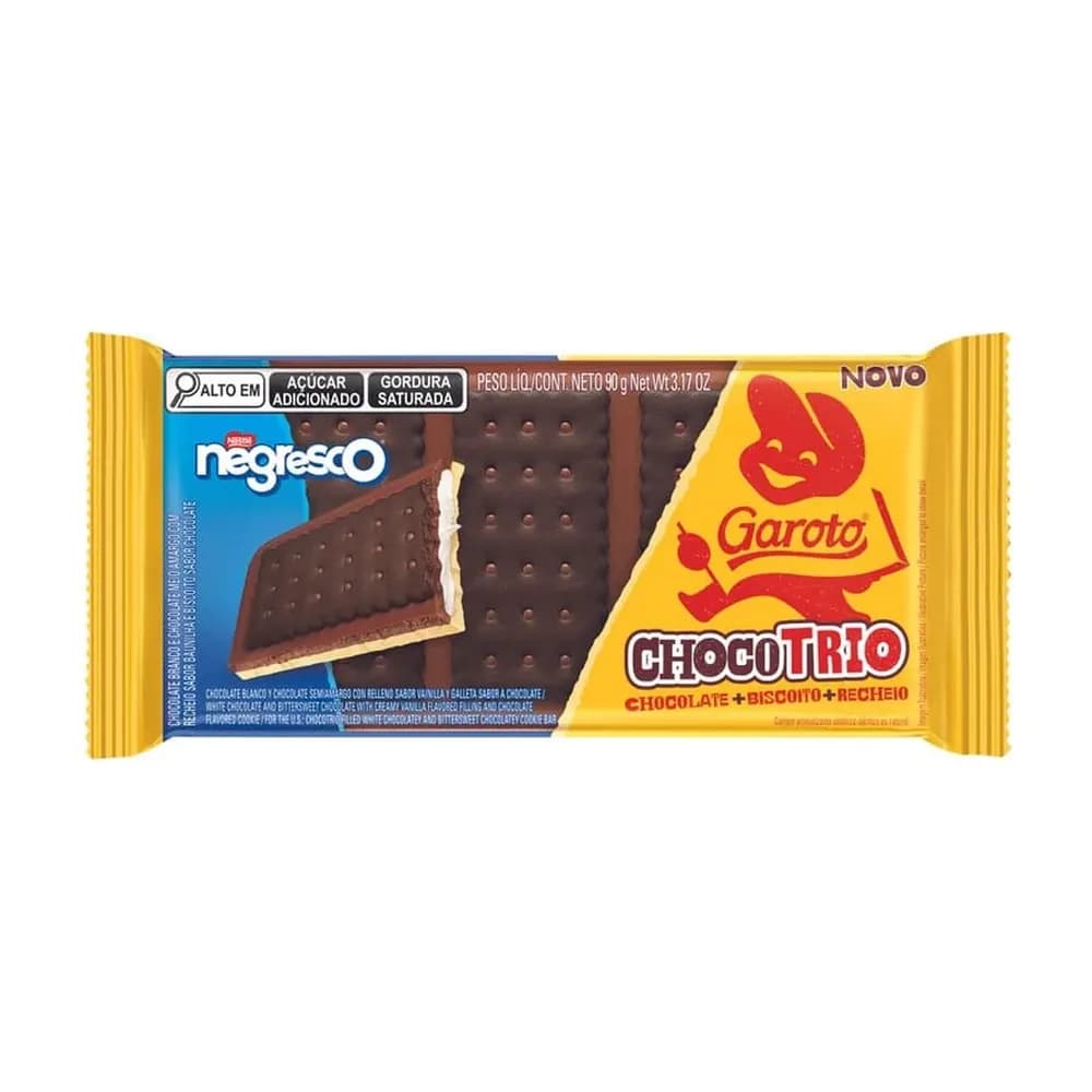 Chocolate branco e meio amargo recheio negresco garoto chocotrio pacote 90g