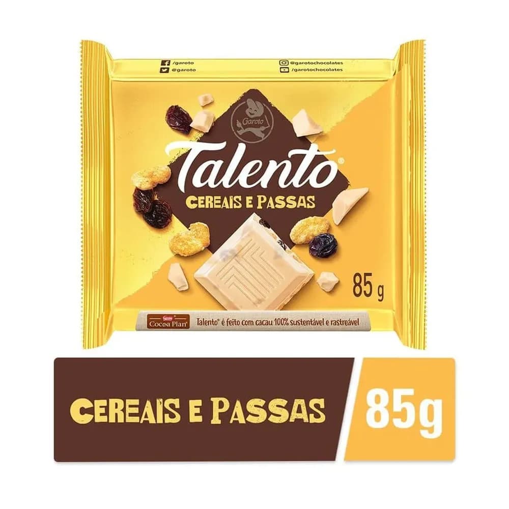 Chocolate cereais e passas talento 85g