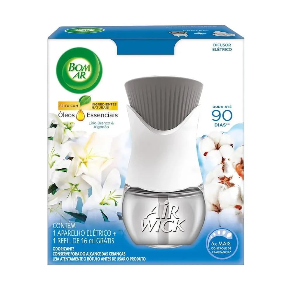 Difusor eletrico bom ar lirio branco e algodao aparelho + refil 16ml