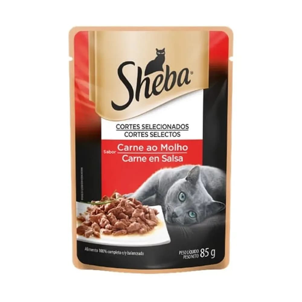 Racao umida para gatos adultos cortes selecionados carne ao molho sheba 85g