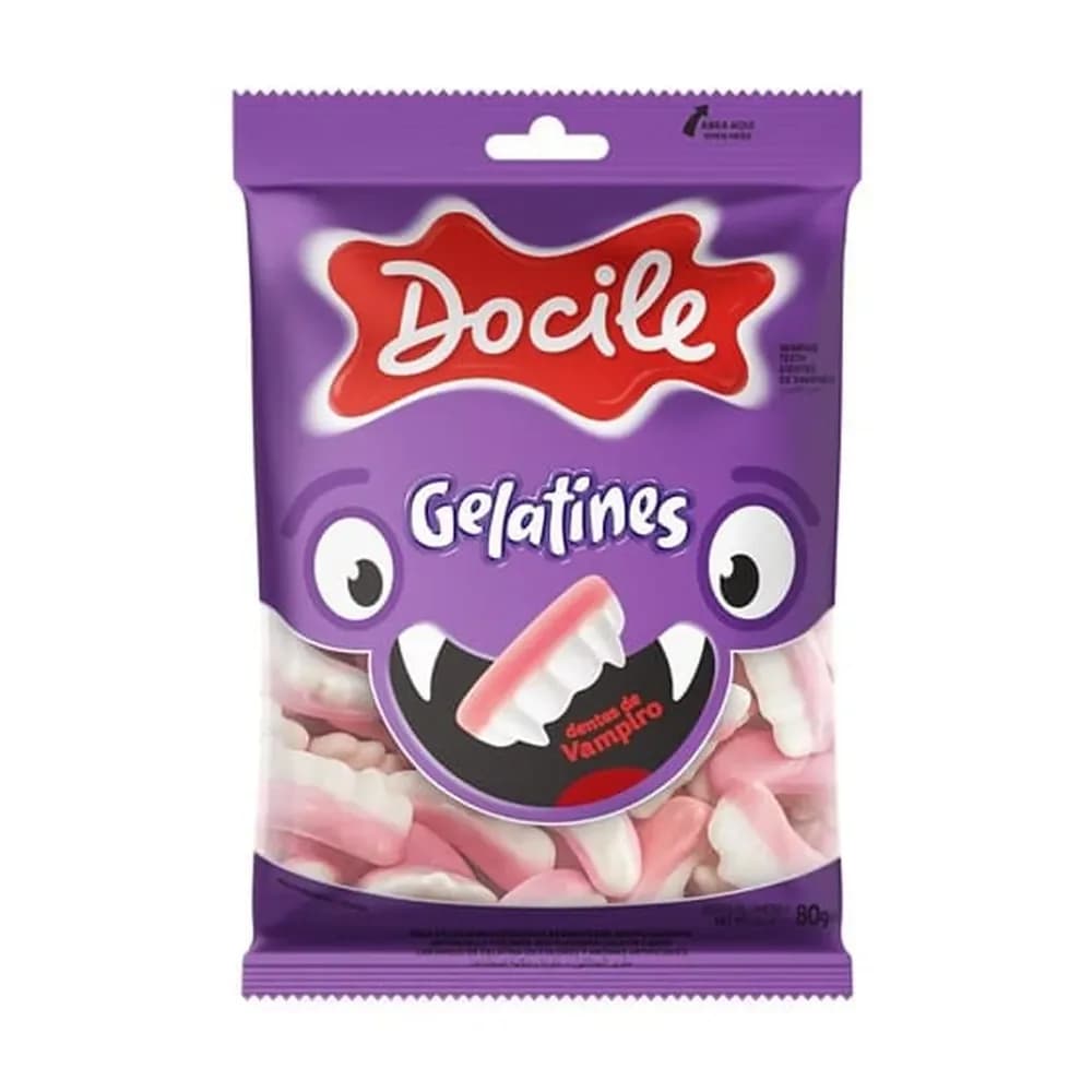 Bala docile gelatines dentes de vampiro embalagem 80g
