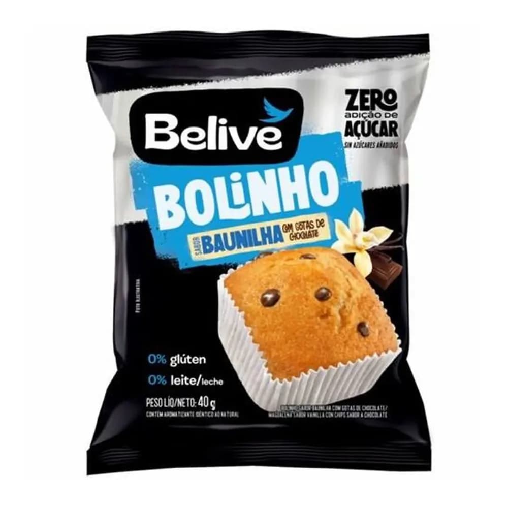 Bolinho baunilha com gotas de chocolate zero acucar, gluten e lactose belive 40g