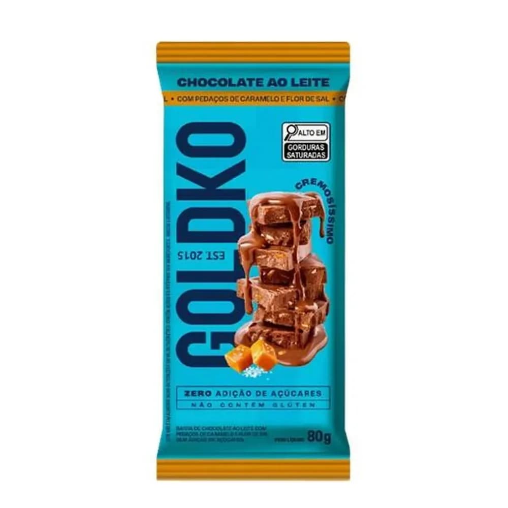 Barra de chocolate ao leite com pedacos de caramelo e flor de sal zero adicao de acucares goldko 80g