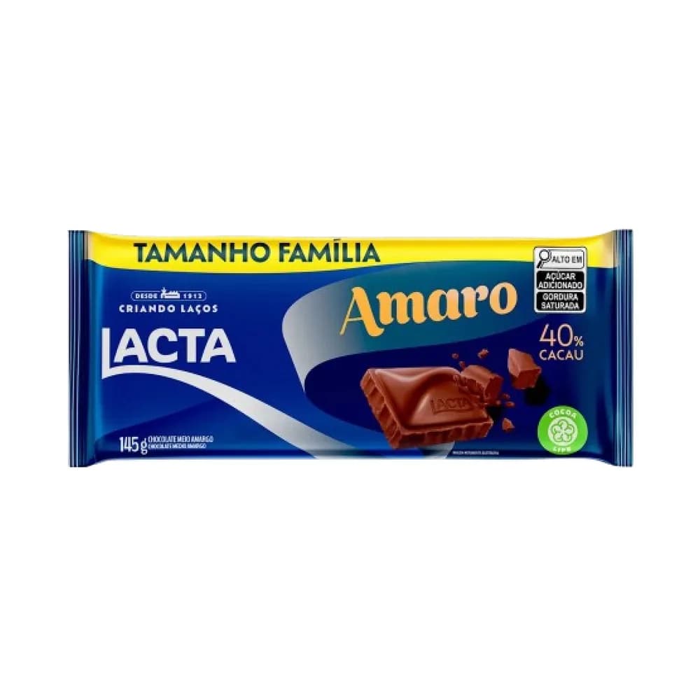Chocolate meio amargo 40% cacau tamanho familia lacta 145g