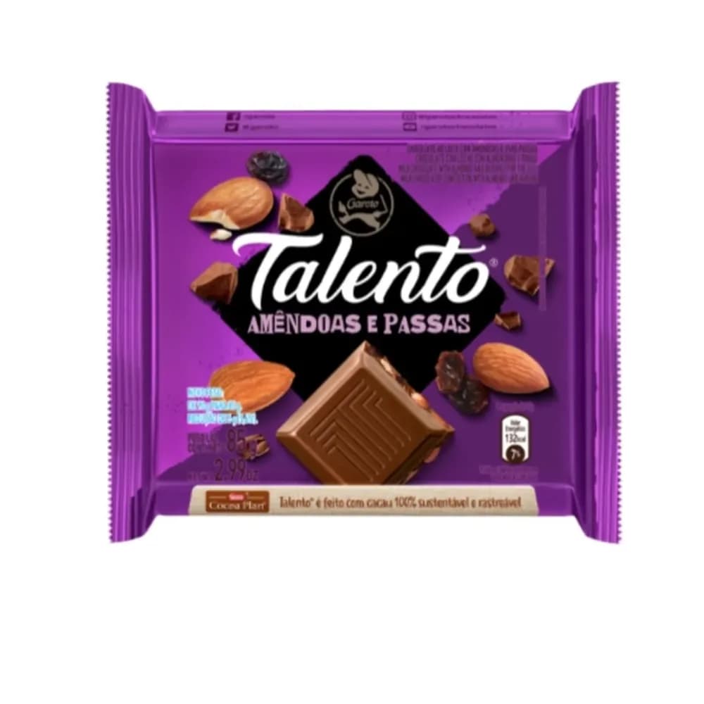 Chocolate de amendoas com passas talento 85g
