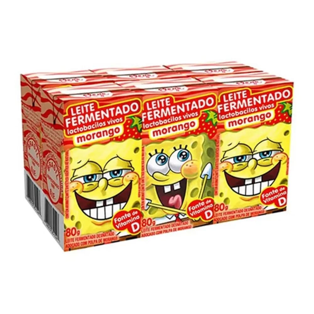Leite fermentado bob esponja de morango elege 80g com 6un