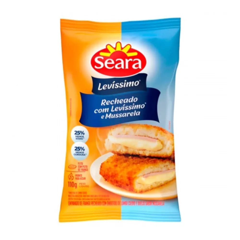 Empanado feito com peito de frango e recheado com presunto levissimo seara e mussarela 110g
