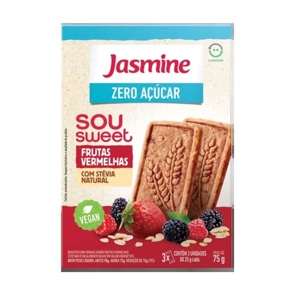 Biscoito com cereais jasmine zero acucar sou sweet frutas vermelhas embalagem 75g
