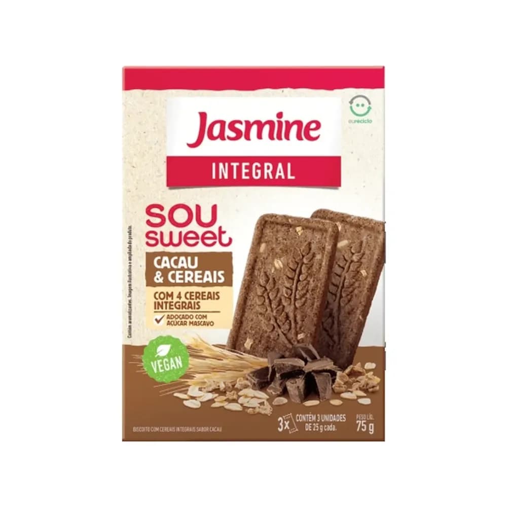 Biscoito integral sou sweet cacau e cereais jasmine 75g