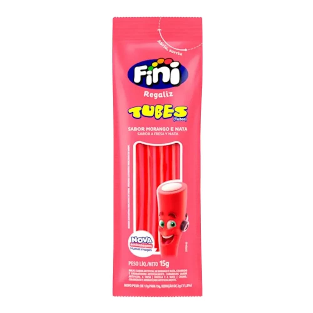 Bala fini tubes morango e nata embalagem 15g