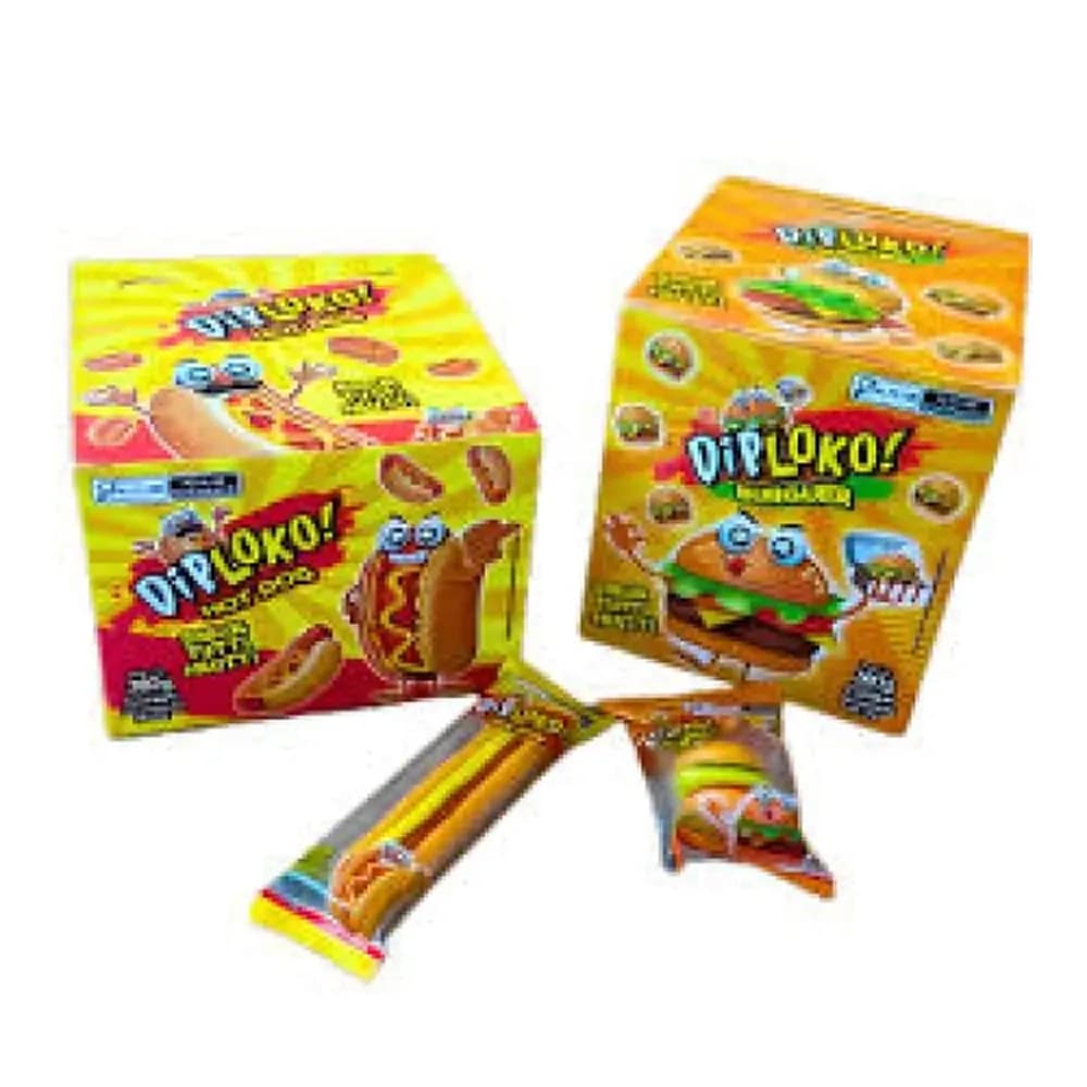 Bala de gelatina sabor tutti frutti formato de hamburguer dip loko 15g