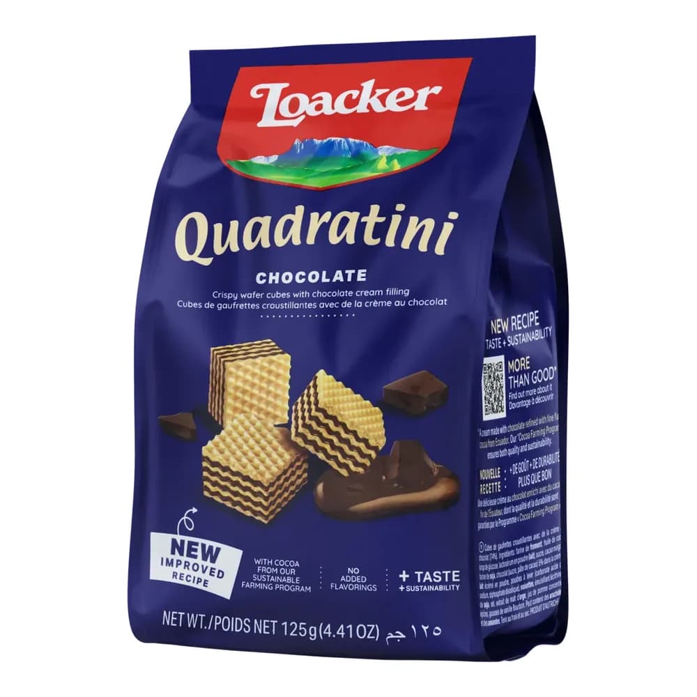 Biscoito loacker quadratini chocolate embalagem 125g