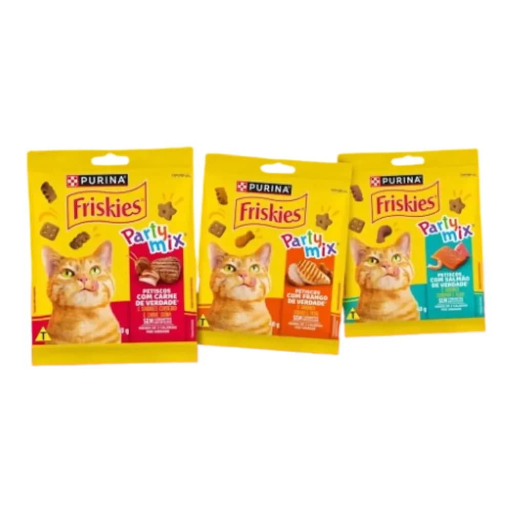 Petisco para gatos adultos friskies salmao camarao e atum purina 40g