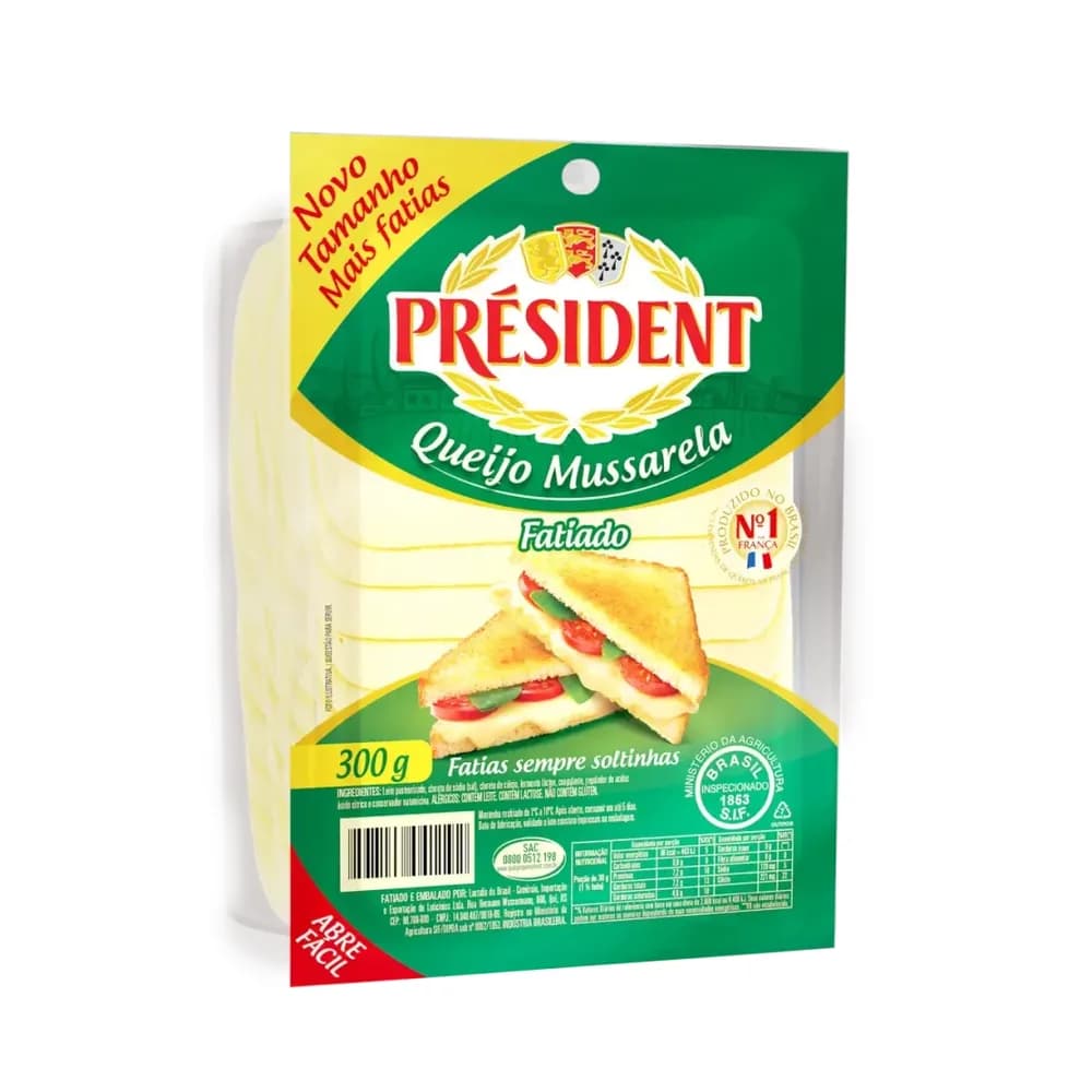 Queijo mussarela fatiado president embalagem 300g