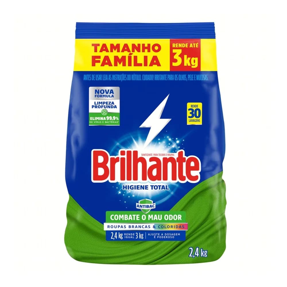 Lava roupas em po roupas brancas e coloridas higiene total antibac brilhante 2,4kg