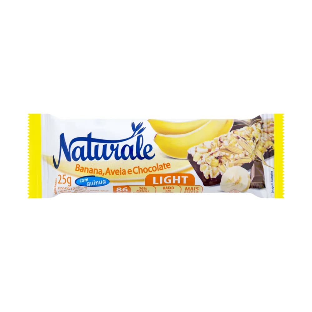 Barra de cereal naturale banana, aveia e chocolate embalagem 25g