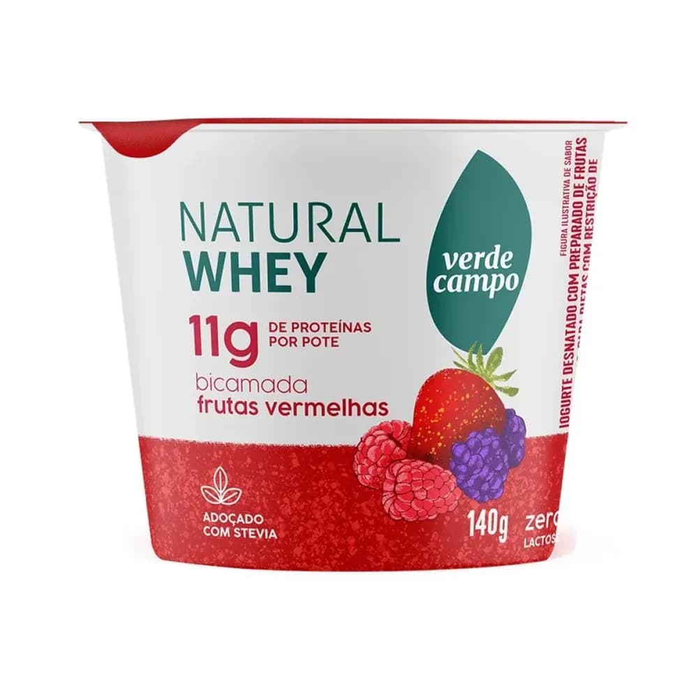 Iogurte desnatado bicamadas sabor frutas vermelhas natural whey verde campo 140g
