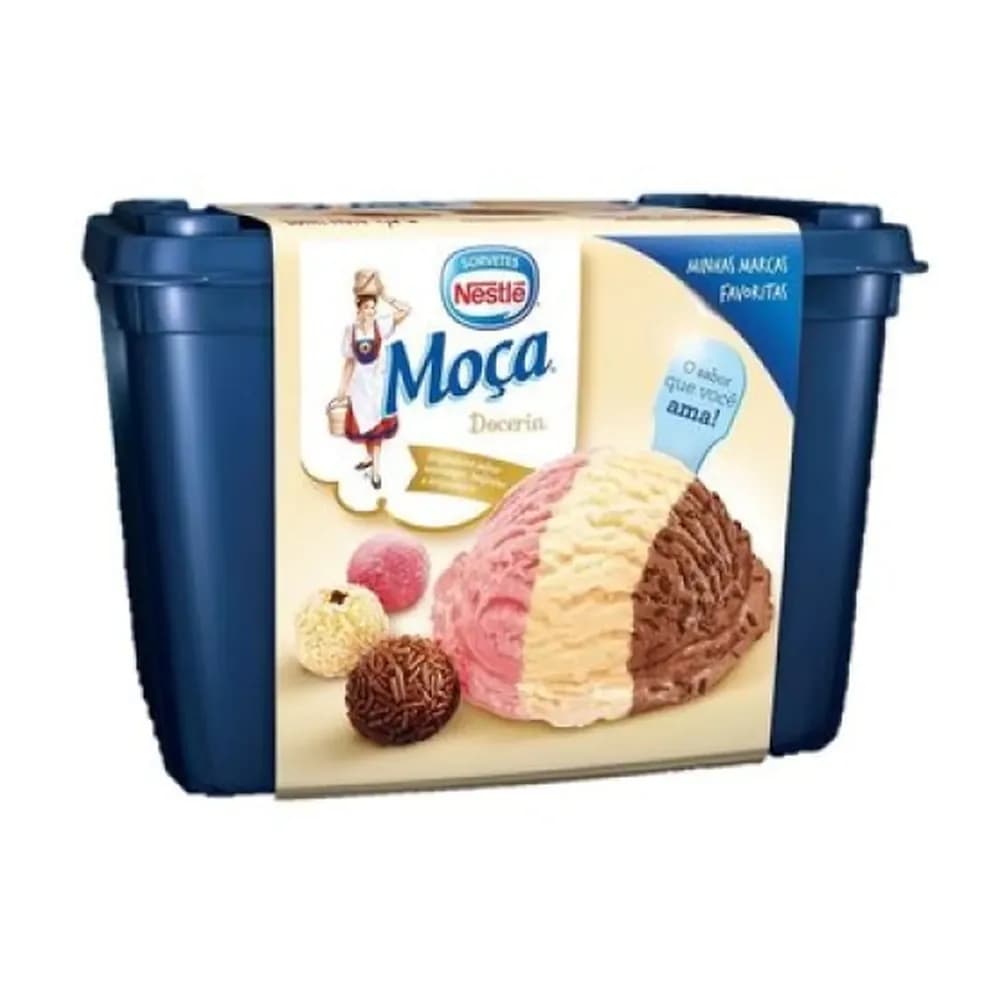 Sorvete moca sabor brigadeiro de morango, brigadeiro de chocolate e beijinho de coco nestle pote 1,5l